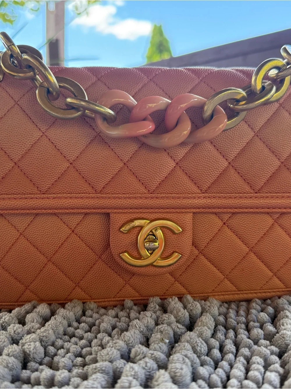 CHANEL “Sunrise by the sea” Quilted Crossbody Bag, Coral Pink with Gold Hardware